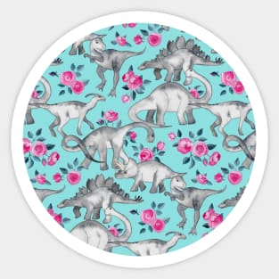 Dinosaurs and Roses – turquoise blue Sticker